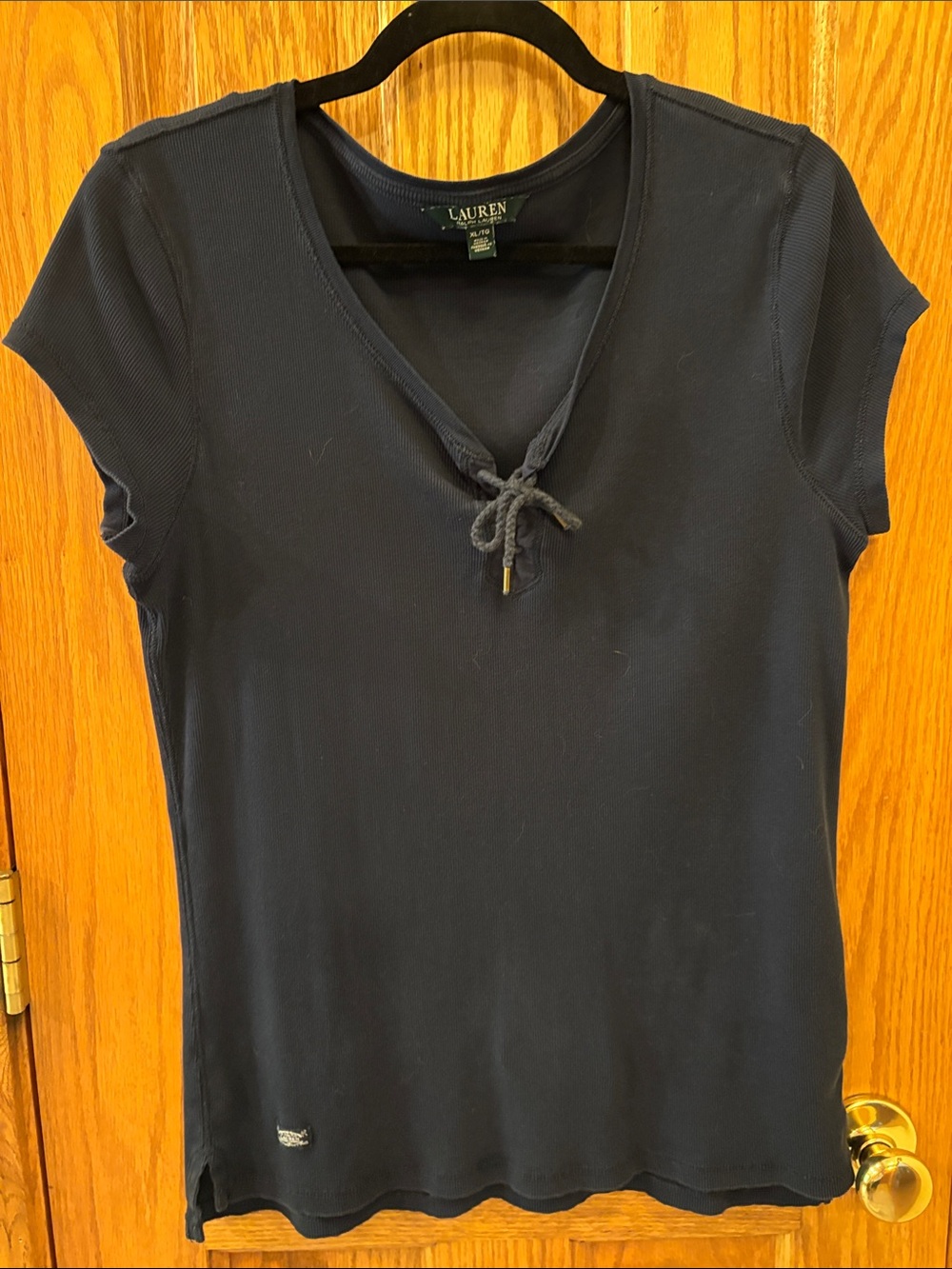 Lauren Ralph Lauren Navy Short Sleeve V-Neck Tie Front Tee